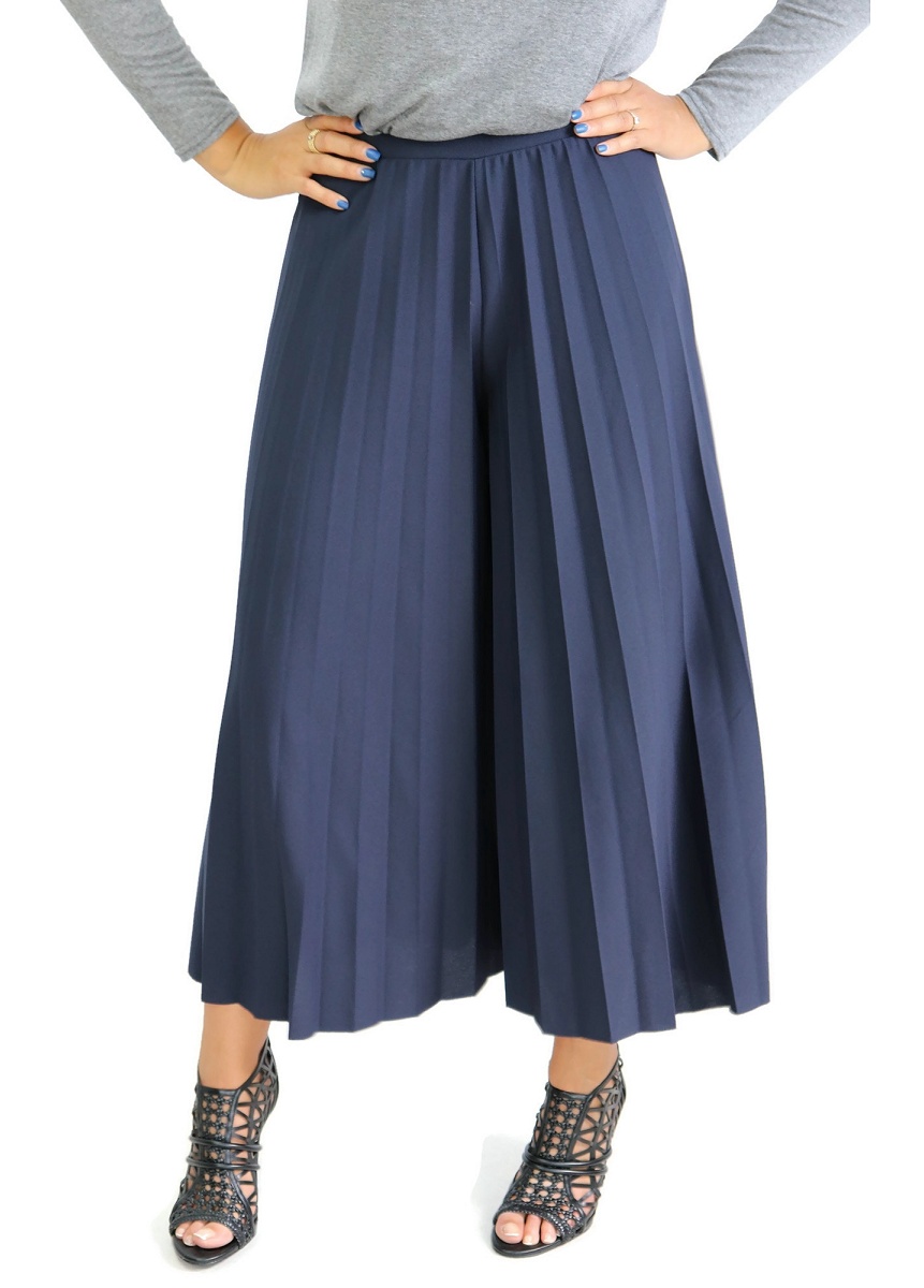 Jupe longue droite plissée bleu marine femme