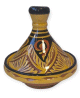 Mini tajine marocain décoratif en poterie de couleur jaune émaillé avec motifs noirs peints